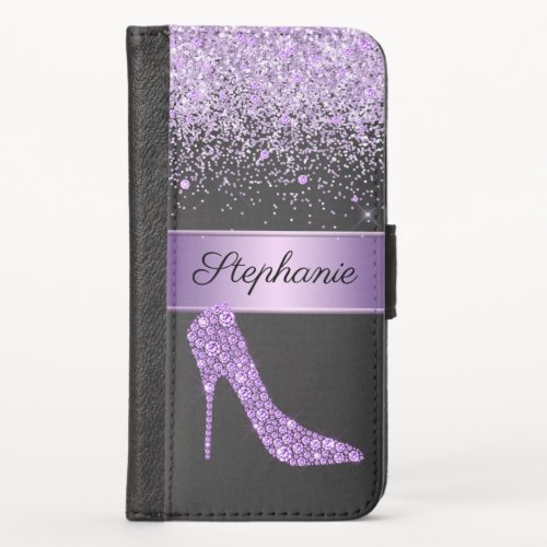 Chic Purple Glitter Diamond High Heel Shoe Name iPhone X Wallet Case