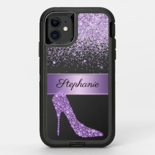 Chic Purple Glitter Diamond High Heel Shoe Name OtterBox Defender iPhone 11 Case