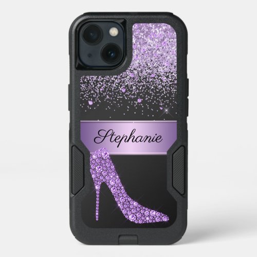 Chic Purple Glitter Diamond High Heel Shoe Name iPhone 13 Case