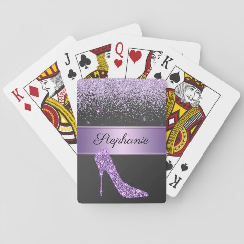Chic Purple Glitter Diamond High Heel Shoe Name Playing Cards