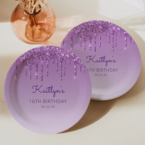 Chic Purple Glitter Drip 16th Birthday Party Paper Plates