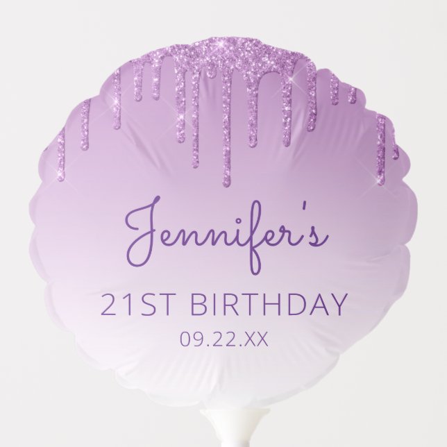 Chic Purple Glitter Drip 21st Birthday Party Balloon (Front)