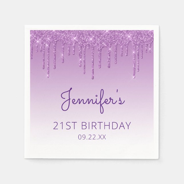 Chic Purple Glitter Drip 21st Birthday Party Napkins (Front)