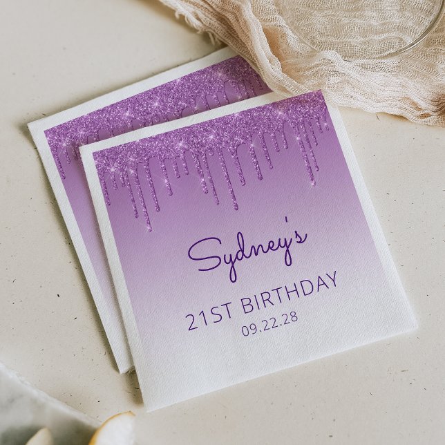 Chic Purple Glitter Drip 21st Birthday Party Napkins (Creator Uploaded)