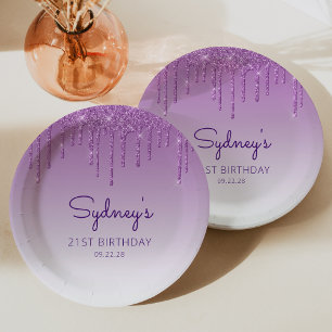 Chic Purple Glitter Drip 21st Birthday Party Paper Plates