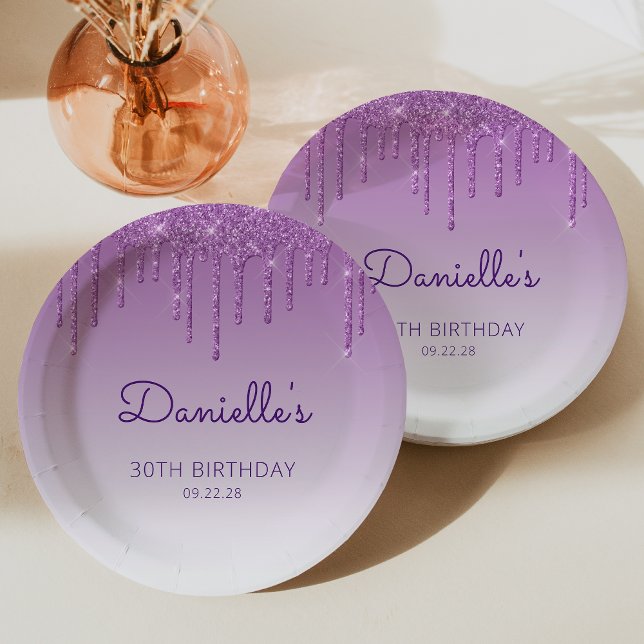 Chic Purple Glitter Drip 30th Birthday Party Paper Plates (Creator Uploaded)