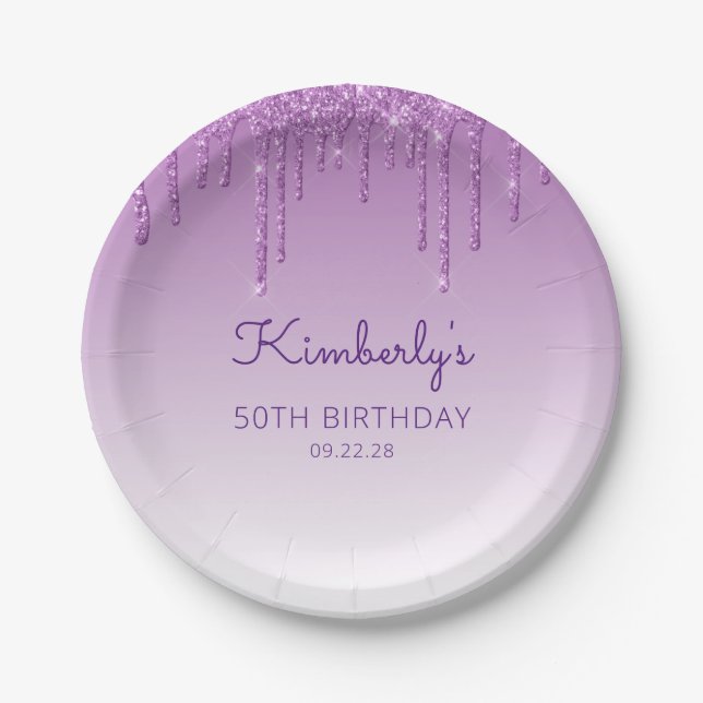 Chic Purple Glitter Drip 50th Birthday Party Paper Plates (Front)