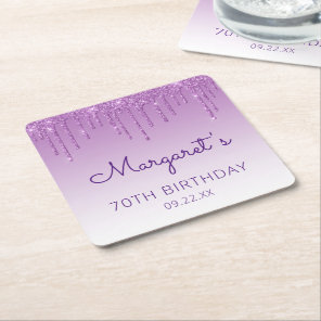 Chic Purple Glitter Drip 70th Birthday Party Square Paper Coaster