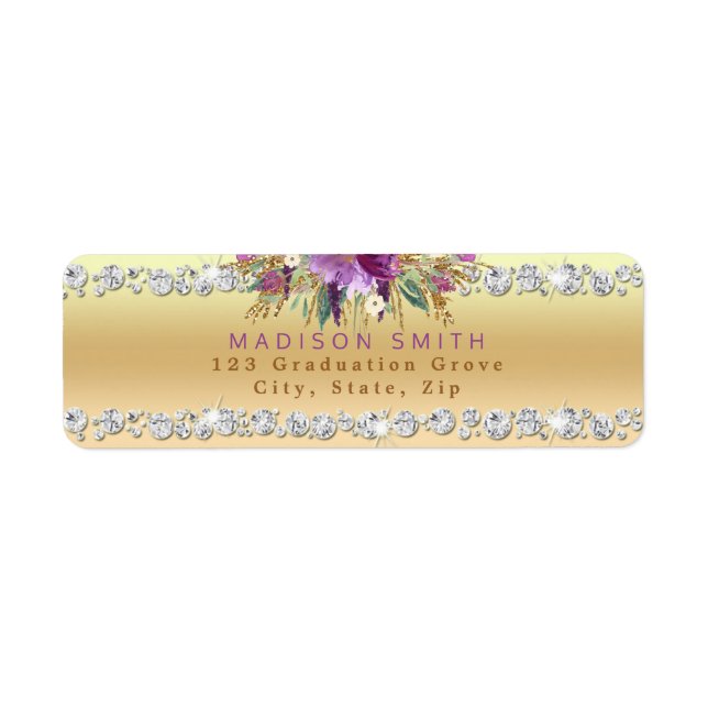 Chic Purple Glitter Flowers Diamonds Gold Label (Front)