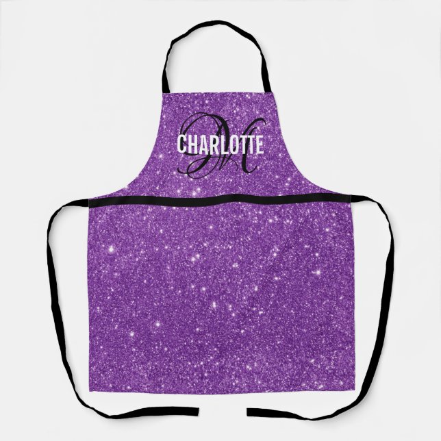 Chic purple glitter monogram name apron (Front)