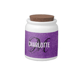 Chic purple glitter monogram name candy jar