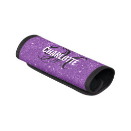 Chic purple glitter monogram name  luggage handle wrap