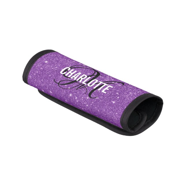 Chic purple glitter monogram name  luggage handle wrap (Angled)