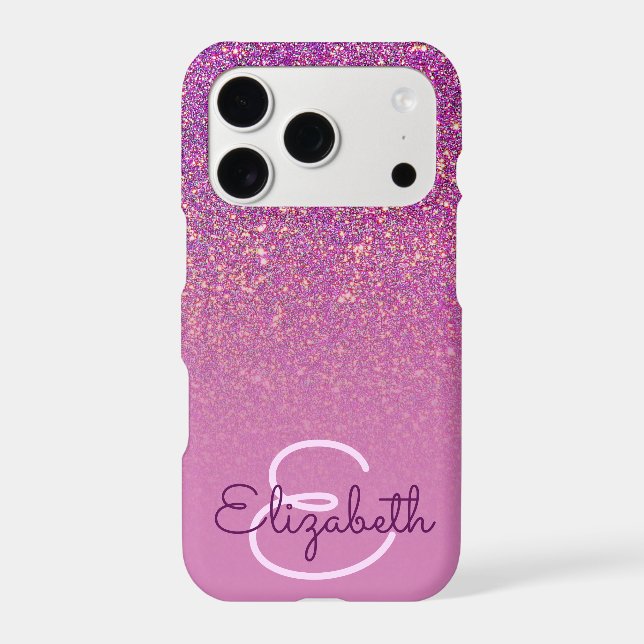 Chic Purple Glitter Ombre with Name & Monogram iPhone Case (Back)