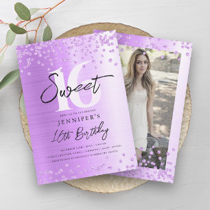 Chic Purple Glitter Photo Sweet 16 Party Invitation