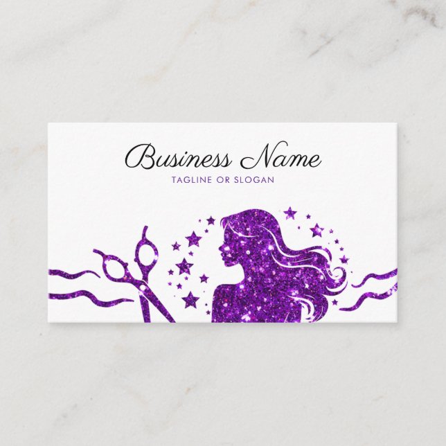 Chic Purple Glitter Scissors Hairdresser Appointment Card (Front)