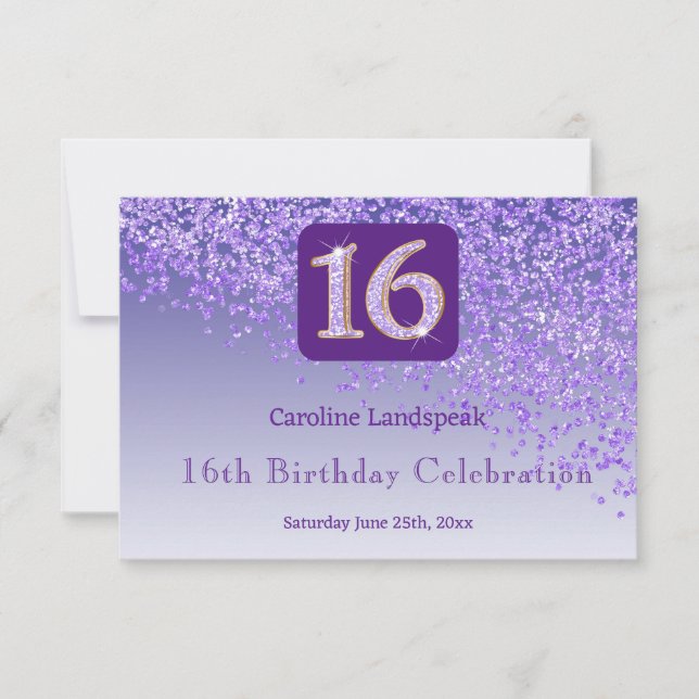 Chic Purple Glitter, Sixteen Birthday RSVP Card (Front)
