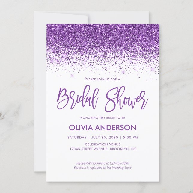 Chic Purple Glitter Sparkle Confetti Bridal Shower Invitation (Front)