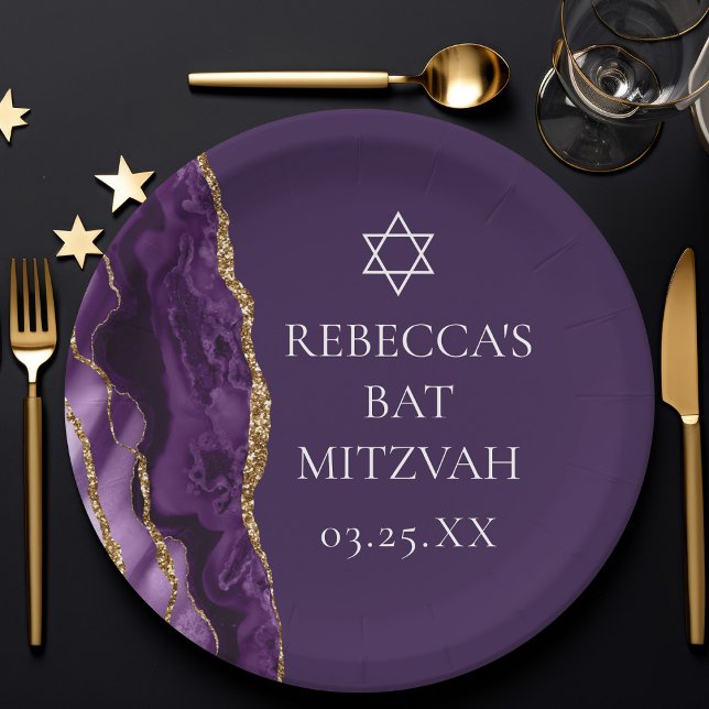 Chic Purple Gold Agate Bat Mitzvah Party Paper Plates (Creator Uploaded)
