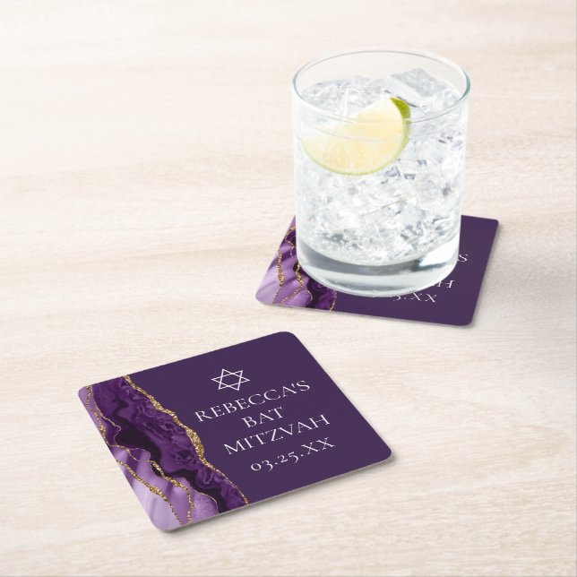 Chic Purple Gold Agate Bat Mitzvah Party Square Paper Coaster (Insitu)