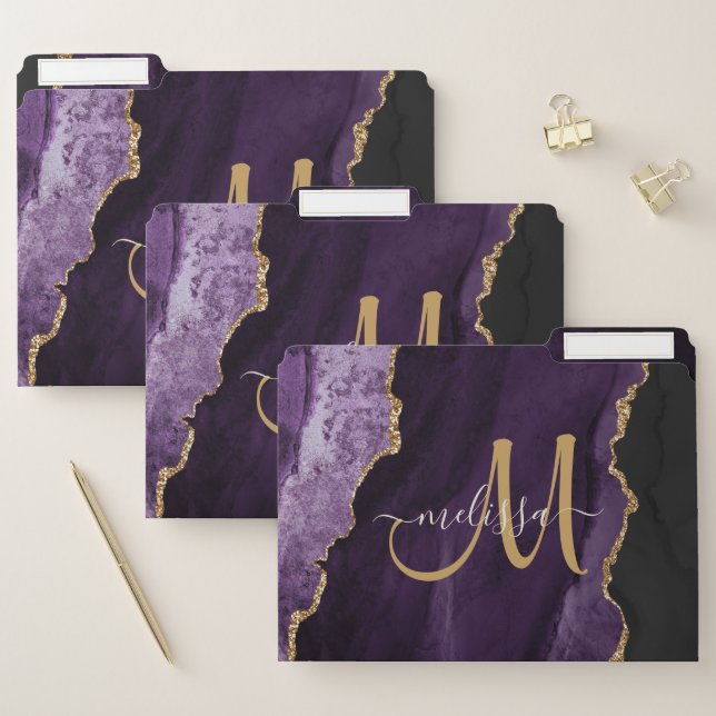 Chic Purple Gold Agate Script Custom Monogram File Folder (Set)