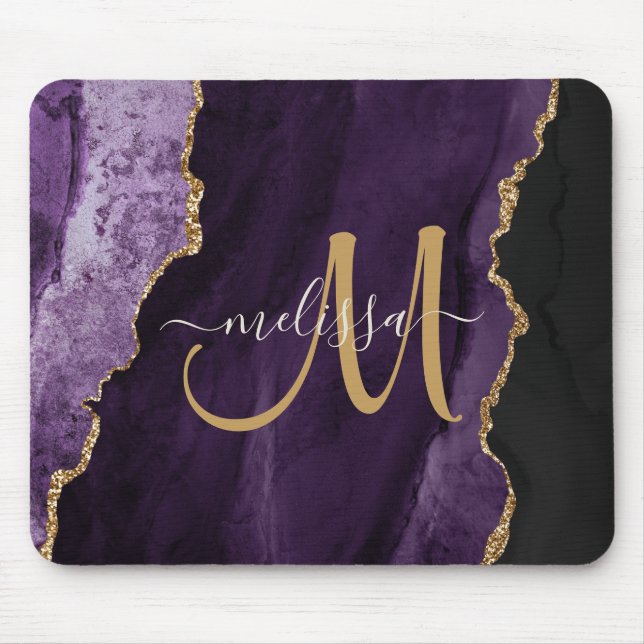 Chic Purple Gold Agate Script Custom Monogram Mouse Pad (Front)