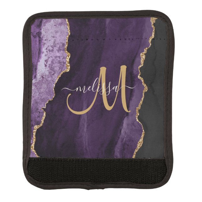 Chic Purple Gold Agate Script Monogram Custom Luggage Handle Wrap (Front)