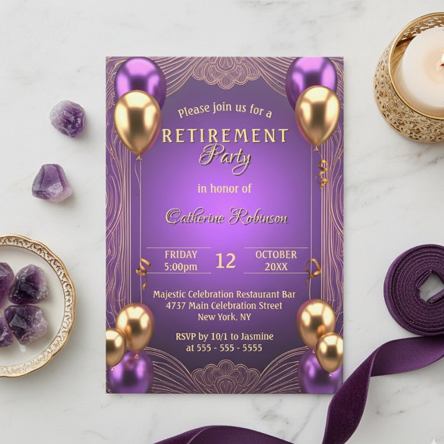 Chic Purple Gold Balloon Art Deco Retirement Party Invitation (Creator Uploaded)