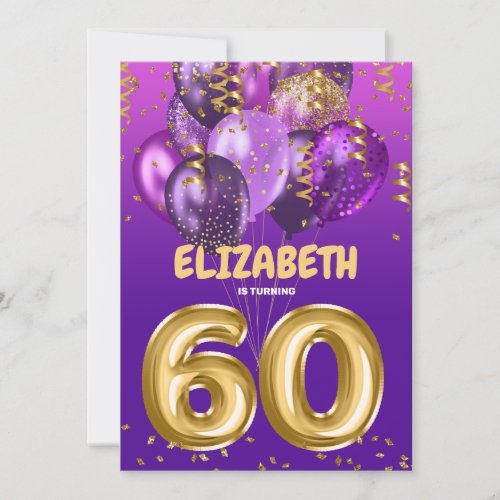 Chic Purple Gold Balloons 60th Birthday Invitation