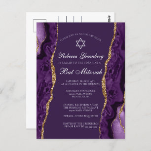 Chic Purple Gold Bat Mitzvah Party Invitation Postcard