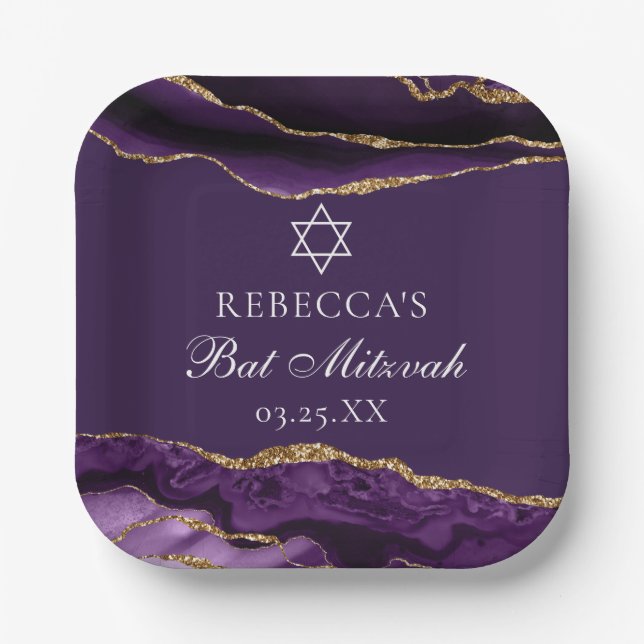 Chic Purple Gold Bat Mitzvah Party Personalized Paper Plates (Front)