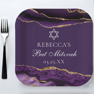 Chic Purple Gold Bat Mitzvah Party Personalized Paper Plates