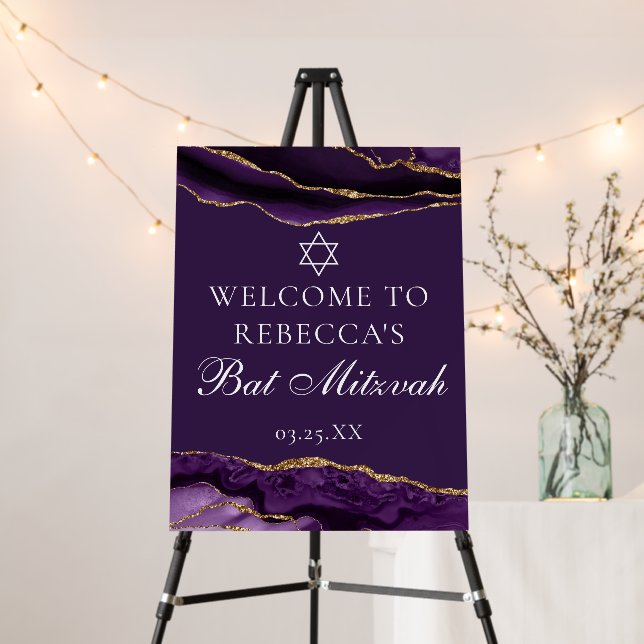 Chic Purple Gold Bat Mitzvah Party Welcome Foam Board (In Situ (Stand))