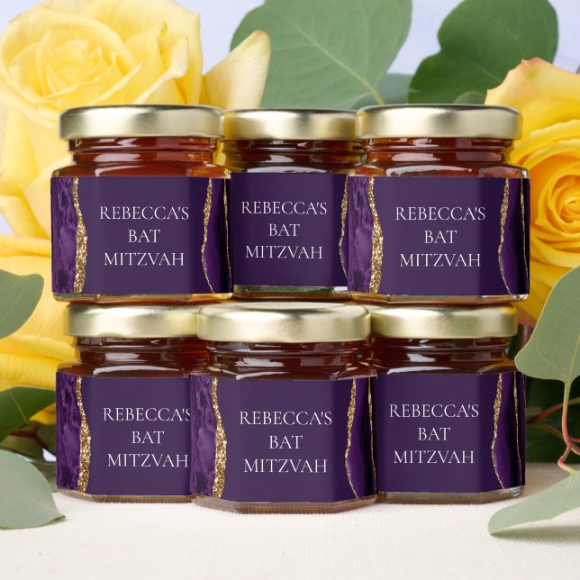 Chic Purple Gold Bat Mitzvah Personalized Party Honey Jar Favors (Insitu)