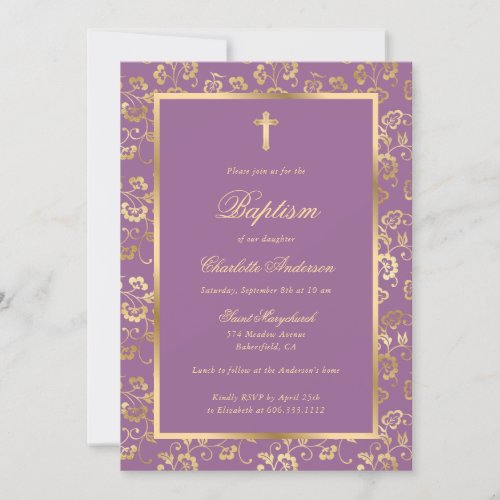 Chic Purple Gold Cross Floral Girl Baptism Invitation