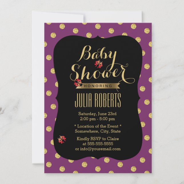 Chic Purple & Gold Dots Ladybugs Baby Shower Invitation (Front)