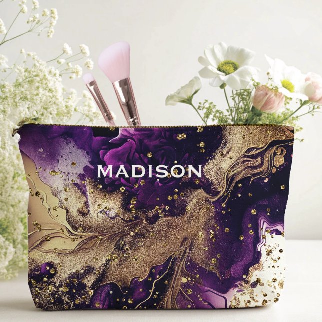 Chic purple gold faux glitter marbling monogram accessory pouch (Creator Uploaded)