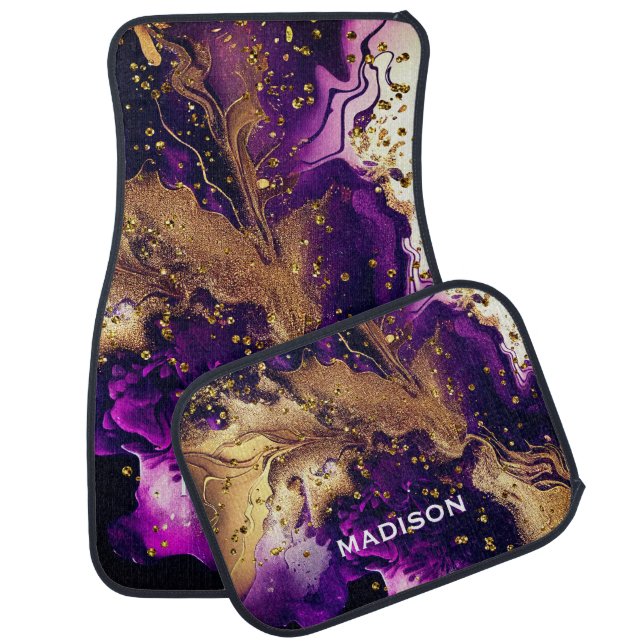 Chic purple gold faux glitter marbling monogram car floor mat (Set)