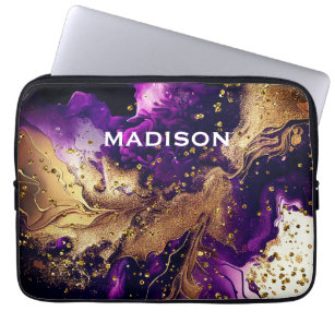 Chic purple gold faux glitter marbling monogram laptop sleeve