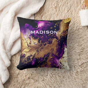 Chic purple gold faux glitter marbling monogram throw pillow