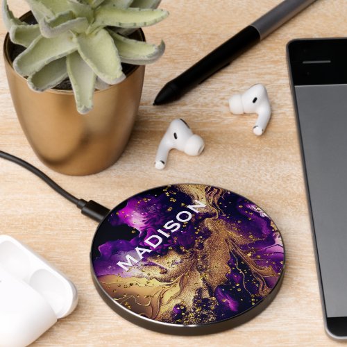 Chic purple gold faux glitter marbling monogram wireless charger 