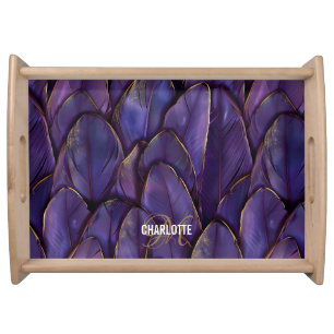 Chic purple gold feathers monogram name serving tray