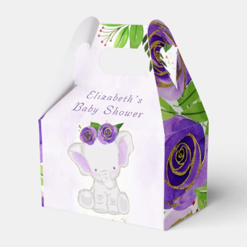 Chic Purple Gold Floral Cute Elephant Baby Shower Favor Boxes