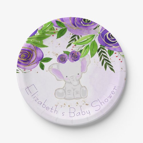 Chic Purple Gold Floral Cute Elephant Baby Shower Paper Plates