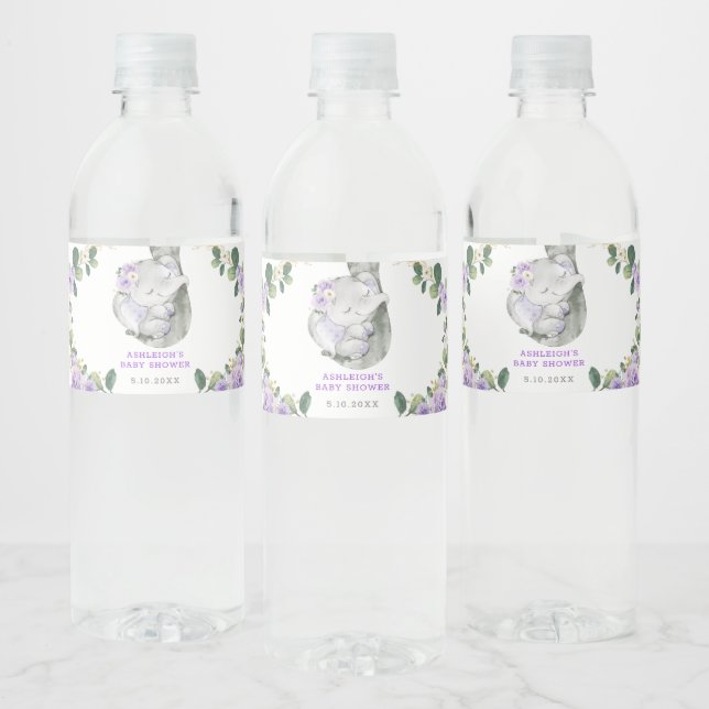 Chic Purple Gold Floral Elephant Baby Shower Favor Water Bottle Label (Bottles)