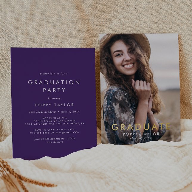 Chic Purple Gold Foil Photo Graduation Party Foil Invitation (Creator Uploaded)