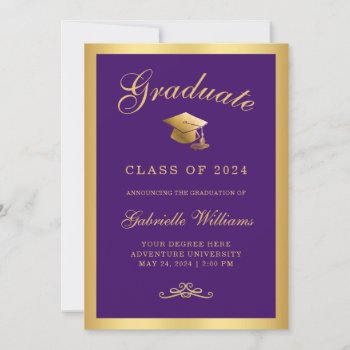 Chic Purple Gold Frame Script Graduation Announcement by ilovedigis at Zazzle