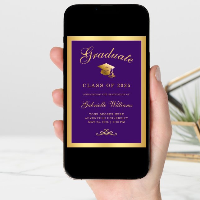 Chic Purple Gold Frame Script Graduation Announcement (Front Digital)
