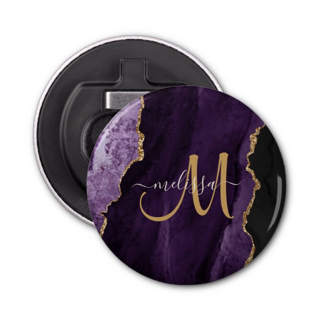 Chic Purple Gold Glitter Agate Custom Monogram  Bottle Opener (Front)