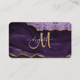 Chic Purple Gold Glitter Agate Custom Monogram Business Card